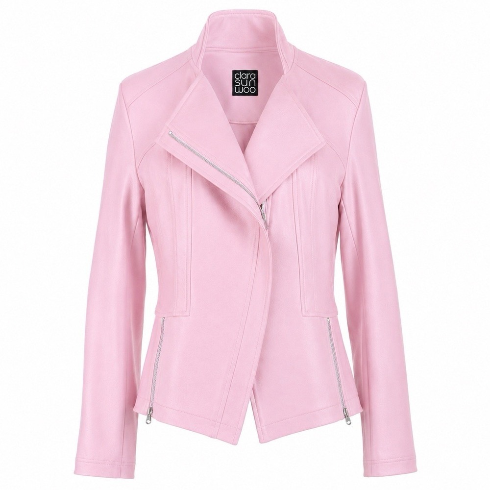 Clara Sun Woo Pink Edgy Biker Vixen Liquid Leather Asymmetric Moto Jacket Large